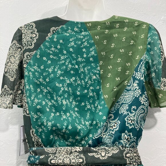 NWT Guess Blouse Short sleeve Ferra Top Sheer Bandana Print Green Side Tie M - Picture 5 of 13